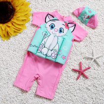 Kid Girls Print White Cute Cat Float Adjustable Buoyancy Pink Swimsuit with Cap
