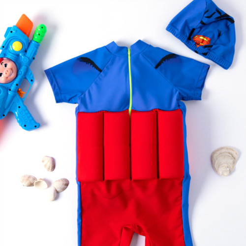 Kid Boys Super Float Adjustable Buoyancy Blue Swimsuit with Cap