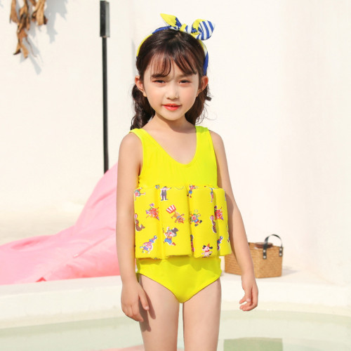 Kid Girls Print Yellow Circus Clowns Float Adjustable Buoyancy Swimsuit with Cap