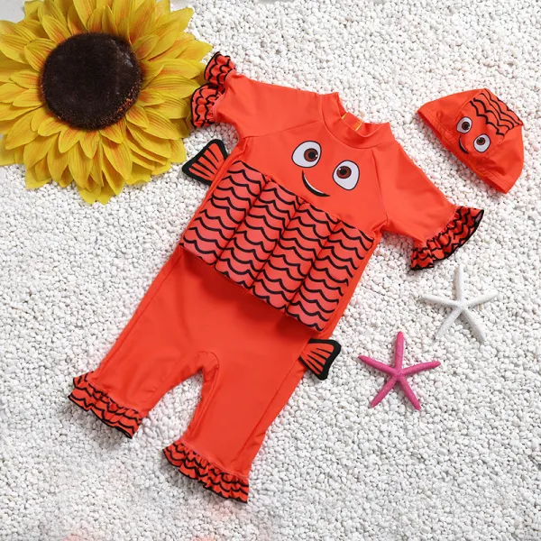 Kid Girls Print Red Clownfish Float Adjustable Buoyancy Swimsuit with Cap