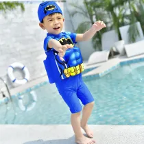 Kid Boys Print Bat Float Adjustable Buoyancy Blue Swimsuit with Cap
