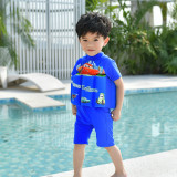 Kid Boys Print Racing Cars Float Adjustable Buoyancy Blue Swimsuit with Cap
