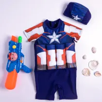 Kid Boys Print America Star Float Adjustable Buoyancy Swimsuit with Cap