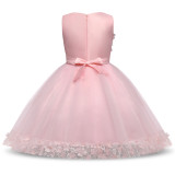 Kid Girl 3D Lace Embroidered Flowers Bowknot Mesh Gowns Party Dresses