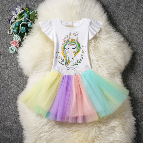 Kid Girl Print Stars Unicorn Top and Rainbow Tutu Mesh skirt Two Pieces