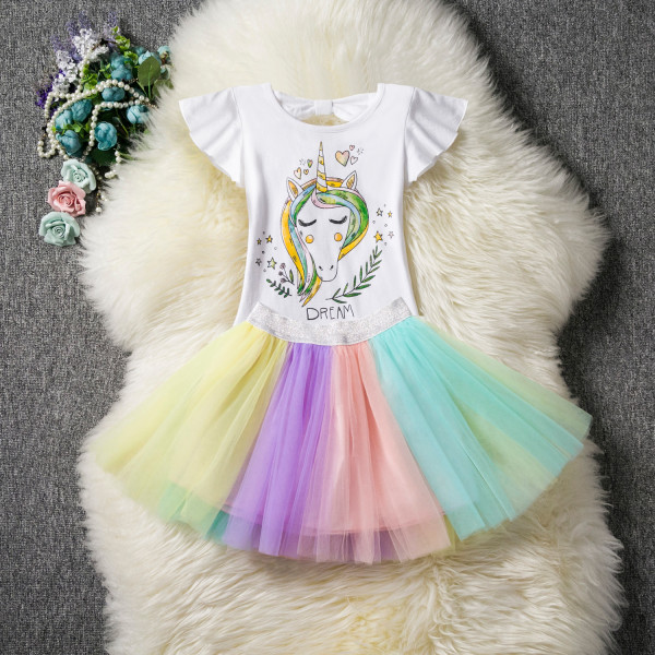Kid Girl Print Stars Unicorn Top and Rainbow Tutu Mesh skirt Two Pieces