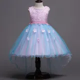 Kid Girl 3D Lace Embroidery Flower Pearls Bowknot Mesh Wedding Party Sleeveless Dresses