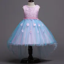 Kid Girl 3D Lace Embroidery Flower Pearls Bowknot Mesh Wedding Party Sleeveless Dresses