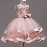 Kid Girl Pearls Beads Two Layered Mesh Wedding Party Sleeveless Satin Dress With Bowknot