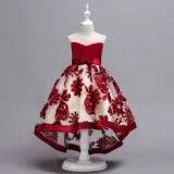 Kid Girl Embroidered 3D Flowers Mesh Wedding Party Dress With Bowknot
