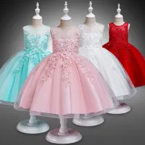 Kid Girl Embroidery 3D Flowers Mesh Lace Flower Girl Dress With Bowknot