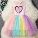 Kid Girl Heart Sequined Unicorn Rainbow Tutu Mesh Sleeveless Dress