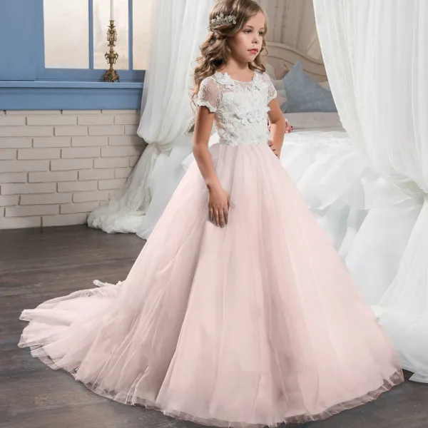 Kid Girl 3D Butterfly Flowers Cut-Out Embroidered Mesh Maxi Trailing Wedding Party Dress