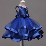 Kid Girl Pearls Beads Two Layered Mesh Wedding Party Sleeveless Satin Dress With Bowknot