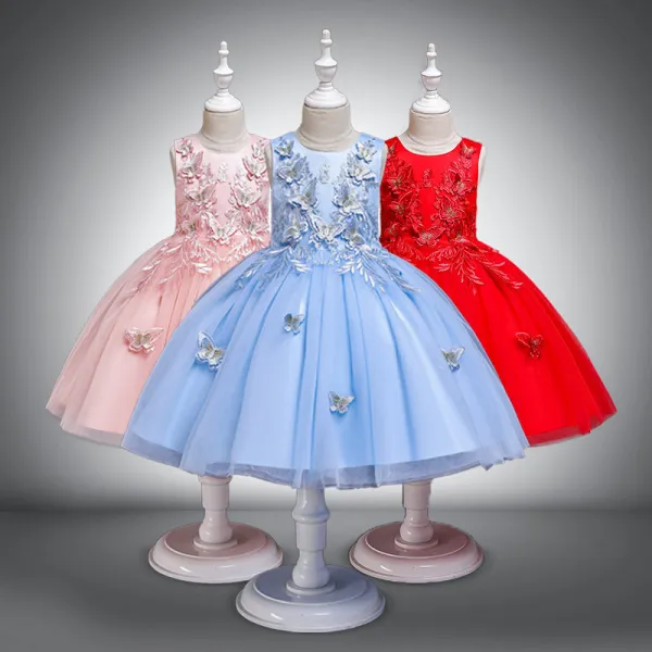 Kid Girl Embroidery 3D Butterflies With Bowknot Lace Mesh Wedding Party Sleeveless Dress