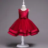 Kid Girl Pearls Beads Two Layered Mesh Wedding Party Sleeveless Satin Dress With Bowknot