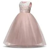 Kid Girl Lace Embroidered Hollow White Flowers Bowknot Mesh Maxi Princess Sleeveless Dress
