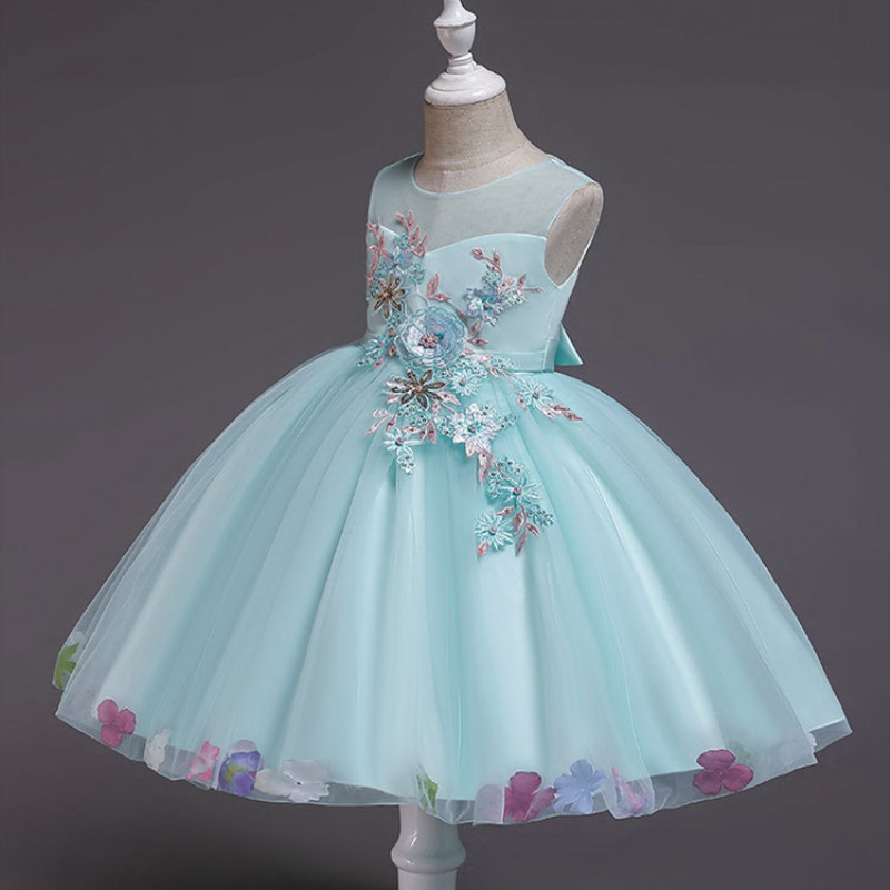 3D Floral Embroidery Fluffy Ball Girls Dress