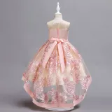 Kid Girl Embroidered 3D Flowers Mesh Wedding Party Dress With Bowknot