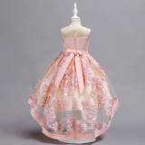 Kid Girl Embroidered 3D Flowers Mesh Wedding Party Dress With Bowknot