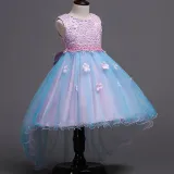 Kid Girl 3D Lace Embroidery Flower Pearls Bowknot Mesh Wedding Party Sleeveless Dresses