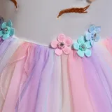 Kid Girl 3D Pearls Flowers Unicon Rainbow Mesh Layers Lace Princess Dress