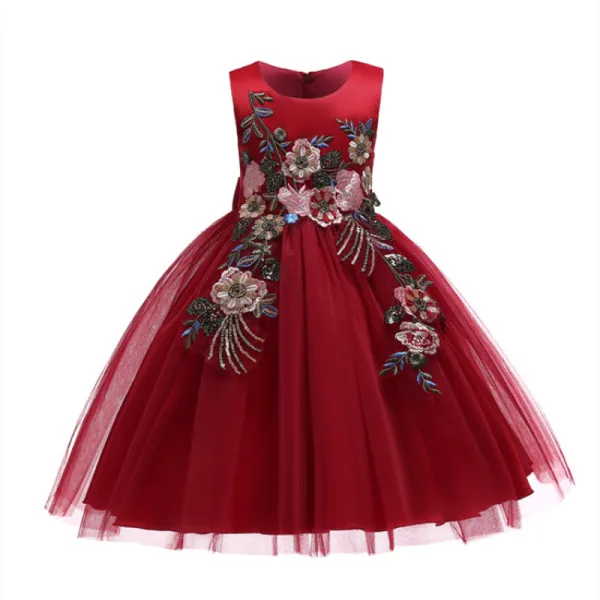 Kid Girl Red 3D Embroideried Sequins Flowers Wedding Party Dresses