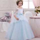 Kid Girl Lace Long Sleeve Hollow Out Embroidery Flowers  Princess Dress With Bowknot