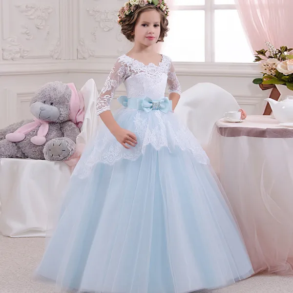 Kid Girl Lace Long Sleeve Hollow Out Embroidery Flowers  Princess Dress With Bowknot
