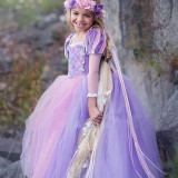 Kid Girl 3D Lace Embroidered Flowers Purple Pink Royal Gown Dress Mesh Sleeves Halloween Cinderella