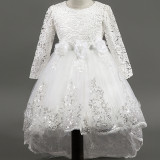 Kid Girl Hollow Embroidery Flowers Sequins 3D Floral Mesh Wedding Party Trailing Long Sleeves Dresses