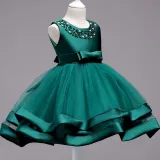 Kid Girl Pearls Beads Two Layered Mesh Wedding Party Sleeveless Satin Dress With Bowknot