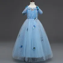 Kid Girl Lantern Sleeve 3D Reflective Butterfly Embroidered Stone Flower Gown Mesh Dress