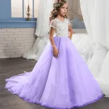 Kid Girl 3D Butterfly Flowers Cut-Out Embroidered Mesh Maxi Trailing Wedding Party Dress