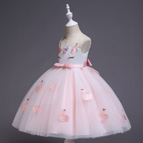 Kid Girl 3D Unicon Flower Embroideried Swan Princess Dress