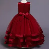 Kid Girl 3D Embroidered Flowers Diamond Mesh Layers With Bowknot Wedding Party Sleeveless Dress