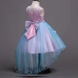 Kid Girl 3D Lace Embroidery Flower Pearls Bowknot Mesh Wedding Party Sleeveless Dresses