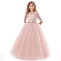 Kid Girl Lace Flowers Embroidered Hollow Bow Gown Dress With Medium Long Sleeves