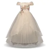 Kid Girl 3D Flowers Sequined Mesh Off The Shoulder Wedding Party Dress