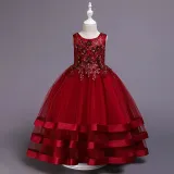 Kid Girl 3D Embroidered Flowers Diamond Mesh Layers With Bowknot Wedding Party Sleeveless Dress
