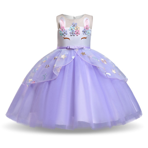 Kid Girl 3D Pearls Flowers Unicon Embroidered Stars Apples Strawberry Mesh Lace Princess Dress
