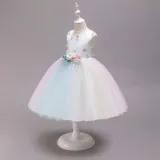 Kid Girl Embroidery Stars Moon 3D Flowers Colorful Mesh Flower Girl Dress With Bowknot