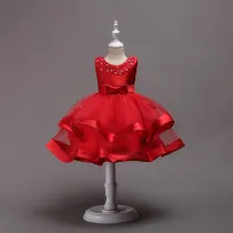 Kid Girl Pearls Beads Two Layered Mesh Wedding Party Sleeveless Satin Dress With Bowknot