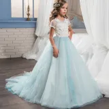 Kid Girl 3D Butterfly Flowers Cut-Out Embroidered Mesh Maxi Trailing Wedding Party Dress
