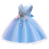 Kid Girl Bowknot 3D Lace Embroidery Pearls Flowers Mesh Wedding Party Dresses