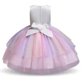 Kid Girl 3D Pearls Flowers Unicon Rainbow Mesh Layers Lace Princess Dress
