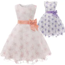 Kid Girl 3D Embroidery Flowers With Bowknot Mesh Pompadour Sleeveless Dress