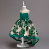 Kid Girl Embroidered 3D Flowers Mesh Wedding Party Dress With Bowknot