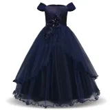Kid Girl 3D Flowers Sequined Mesh Off The Shoulder Wedding Party Dress