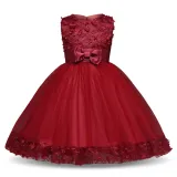 Kid Girl 3D Lace Flowers Bowknot Mesh Princess Gown Sleeveless Dresses